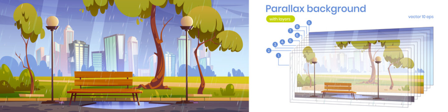 Parallax background city park with bench at summer or spring rain. Cartoon urban 2d cityscape, public garden landscape with separated layers for game scene, scenery rainy weather, Vector illustration