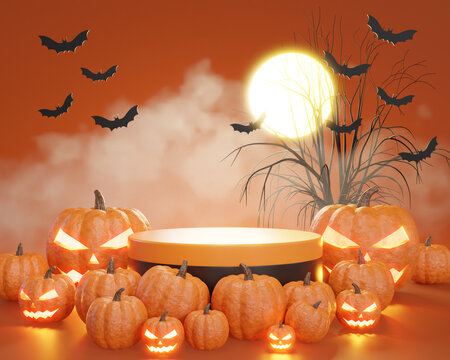 Halloween Background With Podium For Product Display. 3d Illustration.