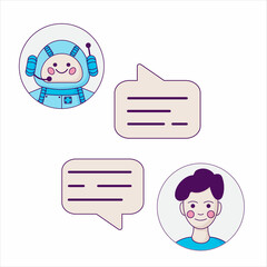 Chatbot concept. Man chatting with chat bot. User ask robot the question and get an answer.