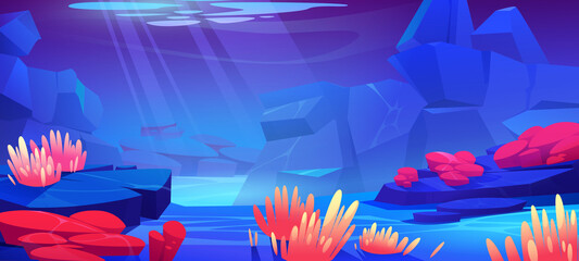 Underwater sea landscape with marine plants and animals. Vector cartoon illustration of ocean bottom with stones and tropical undersea fauna, actinias and sponges