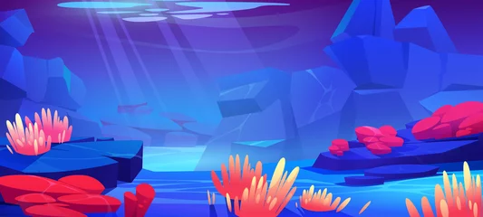 Badkamer foto achterwand Onderwater zeelandschap met mariene planten en dieren. Vectorbeeldverhaalillustratie van oceaanbodem met stenen en tropische onderzeese fauna, actinias en sponzen © klyaksun