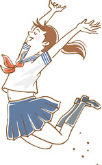 セーラー服を着た女子がジャンプしているイメージイラスト（手描き）