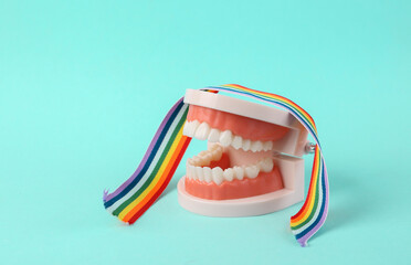 Model of human jaw with white teeth and rainbow lgbt symbol flag ribbon on blue background