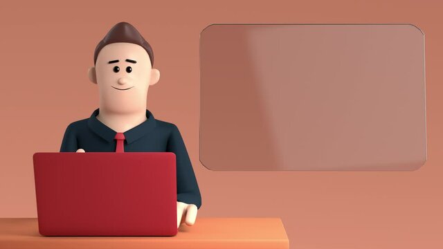 Man is operator listen and type data information on notebook.Data pop up window from notebook with 3d rendering cartoon conceptual.