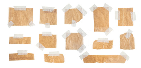 Brown paper labels attached set with sticky tape on isolate white background