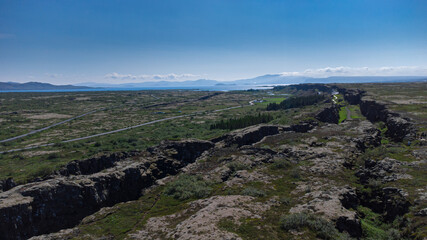 Aerial view of colliding tectonic plates at Thingvellir in Iceland. Drone view of plates connecting...