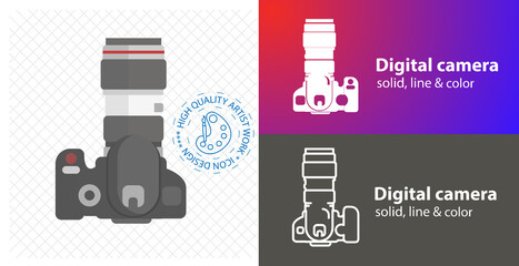 digital camera colorful flat icon. professional camera solid icon. digital camera line icon.