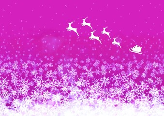 雪降る空を走るサンタクロースのピンク色のイラスト