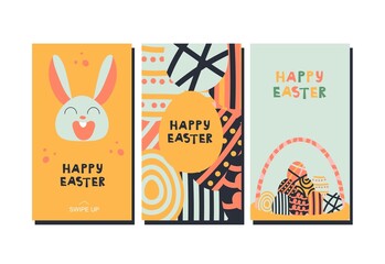 Trendy design with typography, dots, eggs and bunny, in pastel colors. Set of abstract easter backgrounds for social media stories, banners, greeting cards, posters, holiday covers.