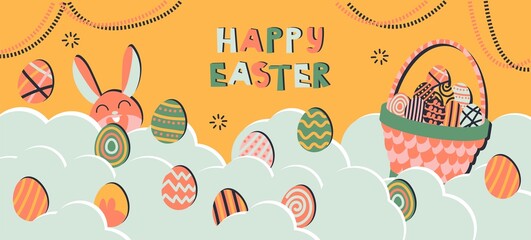 Trendy design with typography, dots, eggs and bunny, in pastel colors. Set of abstract easter backgrounds for social media, stories, banners, greeting cards, poster, greeting card