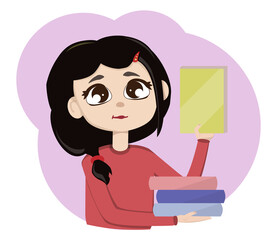 Cartoon asian girl holds books in her hand and looks at the book