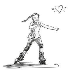 Sketch of cute girl with pigtails is skating on skate rollers, Hand drawn vector illustration isolated on white background