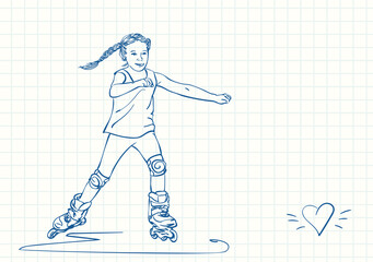 Cute girl with pigtails is skating on skate rollers, Blue pen sketch on square grid notebook page, Hand drawn vector linear illustration