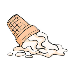 Dropped soft ice cream doodle cartoon isolated clipart on white background, Vector illustration of vanilla icecream in waffle cup