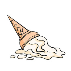 Dropped vanilla ice cream doodle cartoon isolated clipart on white background, Vector illustration of soft icecream in waffle cone