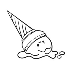 Dropped melted ice cream doodle cartoon black line sketch on white background, Vector illustration of one scoop of icecream with kawaii sad face in waffle cone