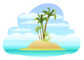 Fototapeta na wymiar Island in the ocean. Cartoon style. Blue calm sea. Flat design illustration. Isolated on white background. Lights of sun. Palm trees. Vector.