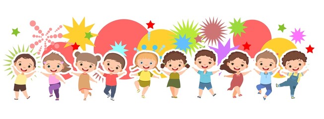 Children dance joy. Happy childhood. Little boys and girls. Horizontal. Kid is jumping for joy at the party. Cute kid. Cartoon style. Isolated on white background. Vector
