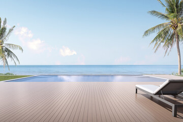 Fototapeta na wymiar Luxury wooden terrace and swimming pool on sea view background. 3d illustration.