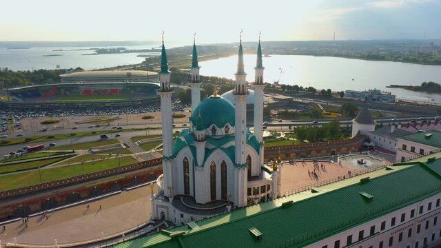 Aerial view of Kul Sharif Mosque with minarets. Kazan Kremlin, downtown of Kazan, Republic of Tatarstan, Russia, drone shot