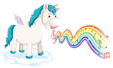 Unicorn standing on the cloud with melody symbols on rainbow wave