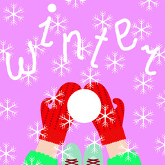 Vector graphics - hands in red knitted mittens holding a white round snowball against a background of falling beautiful snowflakes and the inscription winter in man-made font