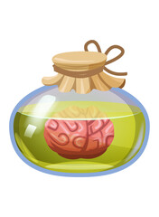 Bottle magic potion with brain. Game icon asset, glass, liquid elixir, poisine, flask, Vector illustration cartoon for game, app UI