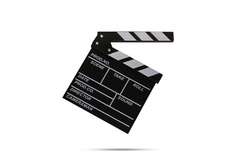 Movie clapperboard levitating on white background with shadow