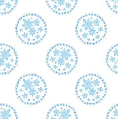 Softness floral seamless pattern. Gouache painting Floral round wreath from blue flowers on white background. Vintage Template for design, textile, wallpaper, bedding, ceramics.