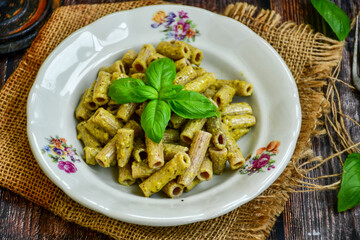   Gluten free Chickpea pasta.Fresh  low carb  high protein pasta rigatonia with   Pesto Genovese sauce  , parmesan cheese ,olive oil and black pepper) Ketogenic diet pasta