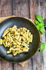   Gluten free Chickpea pasta.Fresh  low carb  high protein pasta rigatoni with   Pesto Genovese sauce  , parmesan cheese ,olive oil and black pepper) Ketogenic diet pasta