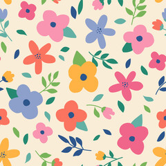Colorful cute flower and leaf seamless vector pattern.