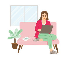 Fototapeta na wymiar Freelance Woman is Online Working with Laptop from Home.