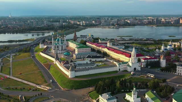 Downtown of Kazan, Republic of Tatarstan, Russia. Aerial view of Kazan Kremlin. Kul Sharif Mosque, drone shot