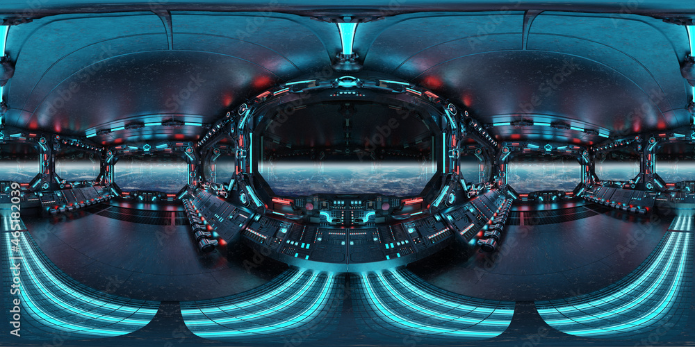 Aufkleber hdri panoramic view of dark blue spaceship interior with windows. high resolution 360 degrees panora