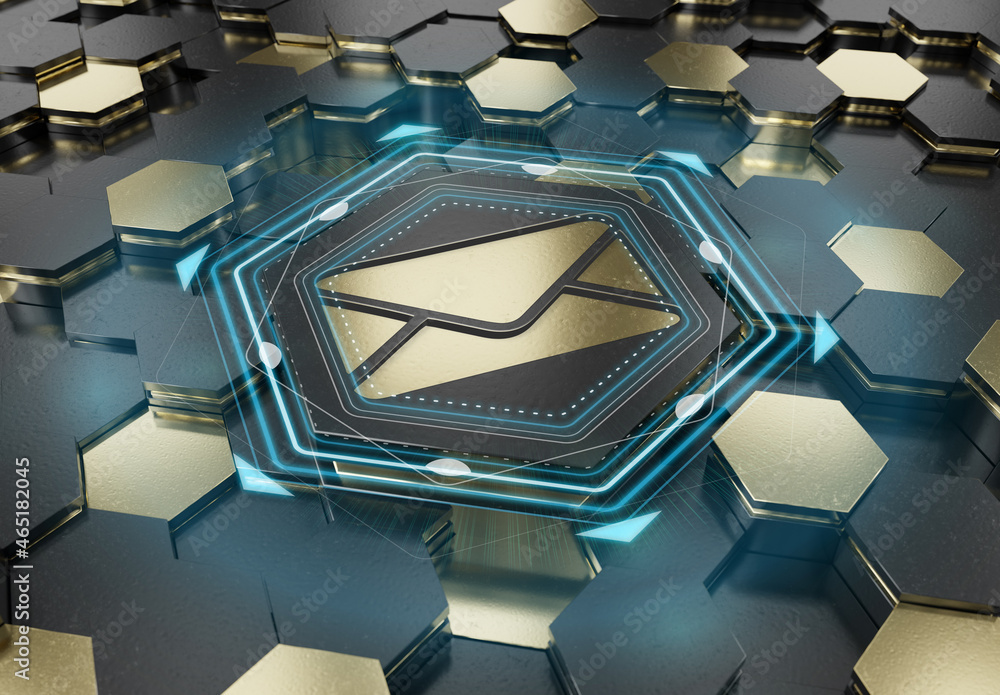 Aufkleber Email icon concept engraved on hexagonal pedestral background. Mail Logo glowing on abstract digital surface. 3d rendering