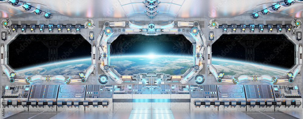 Poster white spaceship interior with glowing blue and red lights. futuristic spacecraft with large window v