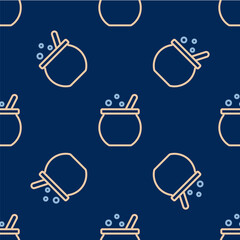 Line Halloween witch cauldron icon isolated seamless pattern on blue background. Happy Halloween party. Vector