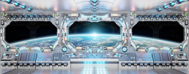 White spaceship interior with glowing blue and red lights. Futuristic spacecraft with large window view on planet Earth. 3D rendering © sdecoret