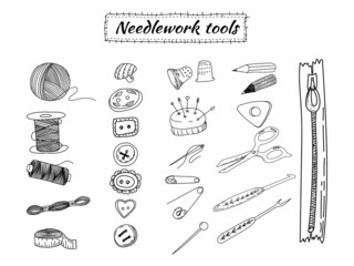 Tools and accessories for sewing and needlework. Scissors, twist, buttons, needles, pins, threads and spools of thread. Hand drawn vector doodle illustration.