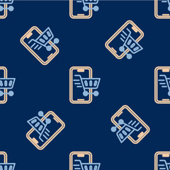 Line Mobile phone and shopping cart icon isolated seamless pattern on blue background. Online buying symbol. Supermarket basket symbol. Vector