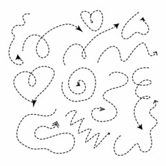 Dotted arrows in various combinations. Arrows of a line, chirping hearts. Design elements.