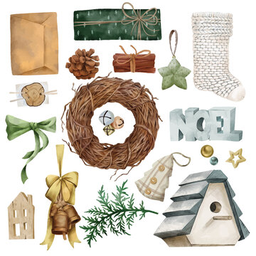 Rustic christmas elements collection, hand drawn vector