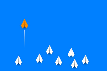 A paper plane white and orange color  that rivals business growth on a blue background Growing and Successful Ideas , market competition