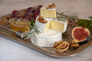 Cheese with white mold on a silver tray.