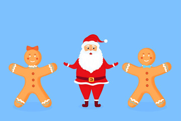 Santa Claus and gingerbread men and woman. Cartoon Christmas Characters