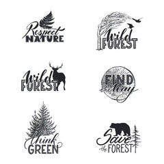 Collection of handwritten vector phrases about the conservation and protection of nature and forest