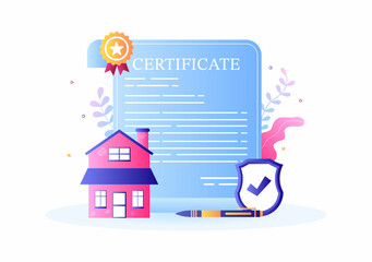 Property Certificate for Real Estate Contract, Building Maintenance and House Purchase Agreement Deal with Seal Stamp or License. Background Vector Illustration