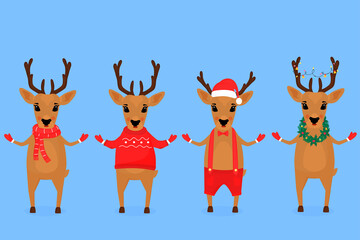 Funny Christmas reindeer in a Santa Claus hat, in a scarf, with a garland, in shorts on suspenders, in a sweater