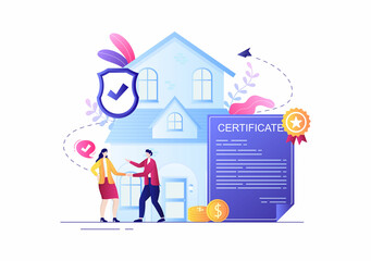 Obraz na płótnie Canvas Property Certificate for Real Estate Contract, Building Maintenance and House Purchase Agreement Deal with Seal Stamp or License. Background Vector Illustration